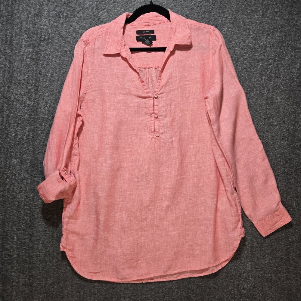 Tahari 100% Linen Roll Tab Sleeves Shirt M Peachy Pink Summer Tunic